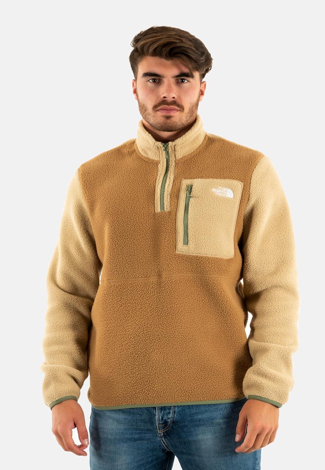 imageTHE NORTH FACE Mens Yumiori Quarter Zip Jacket Lightweight Fleece Coat With Embroidered Logo Secure Zip Chest PocketUtility BrownKhaki StoneBark Mist