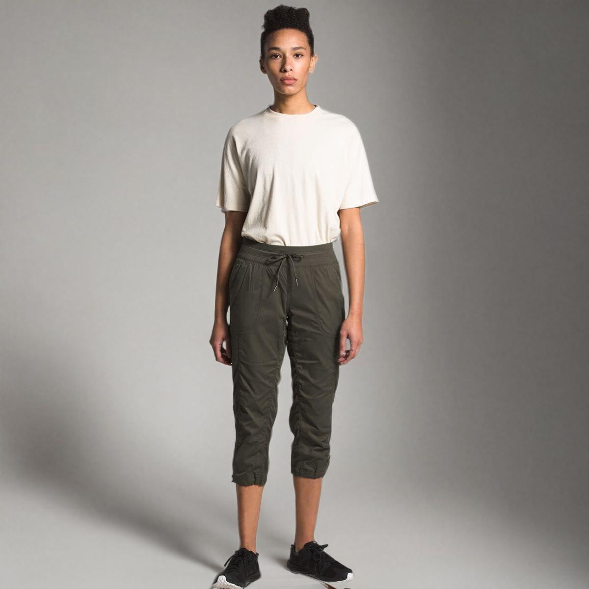imageTHE NORTH FACE Womens Aphrodite 20 Capri Moisture Wicking Jogger Pants Water Repellent UPF 40 Rib Knit WaistbandNew Taupe Green