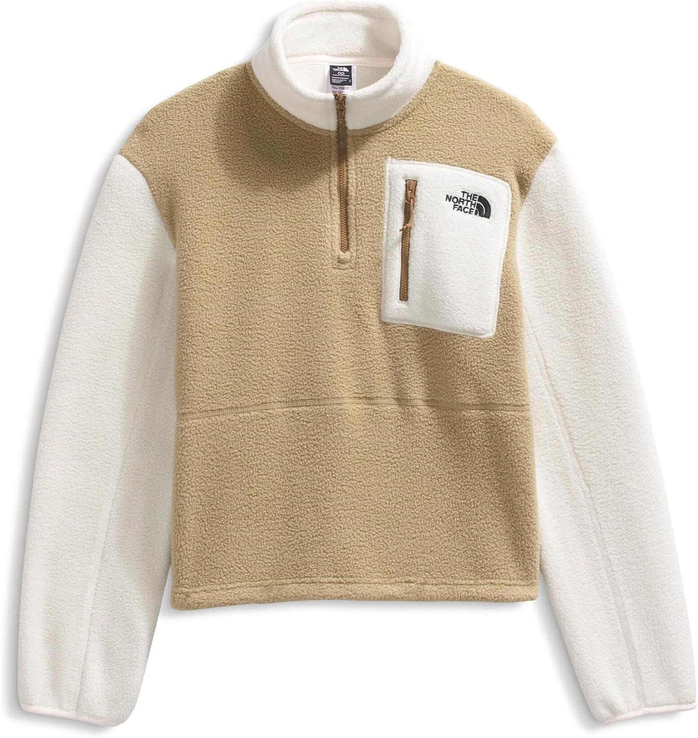 imageTHE NORTH FACE Womens Yumiori Quarter Zip Jacket Lightweight Fleece Pullover with Embroidered Logo Secure Zip PocketsKhaki StoneWhite DuneUtility Brown