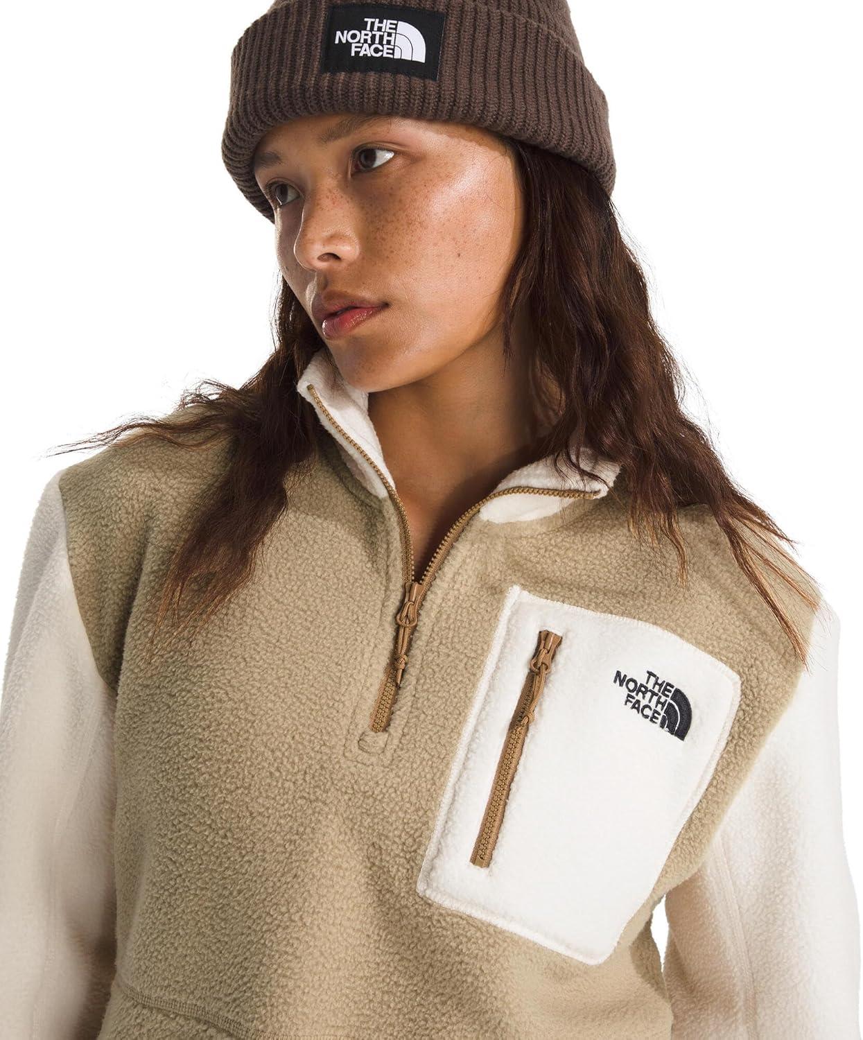 imageTHE NORTH FACE Womens Yumiori Quarter Zip Jacket Lightweight Fleece Pullover with Embroidered Logo Secure Zip PocketsKhaki StoneWhite DuneUtility Brown
