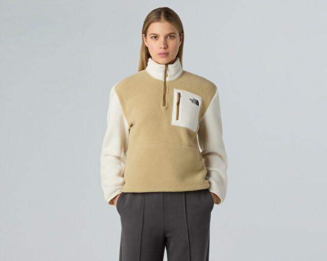 imageTHE NORTH FACE Womens Yumiori Quarter Zip Jacket Lightweight Fleece Pullover with Embroidered Logo Secure Zip PocketsKhaki StoneWhite DuneUtility Brown