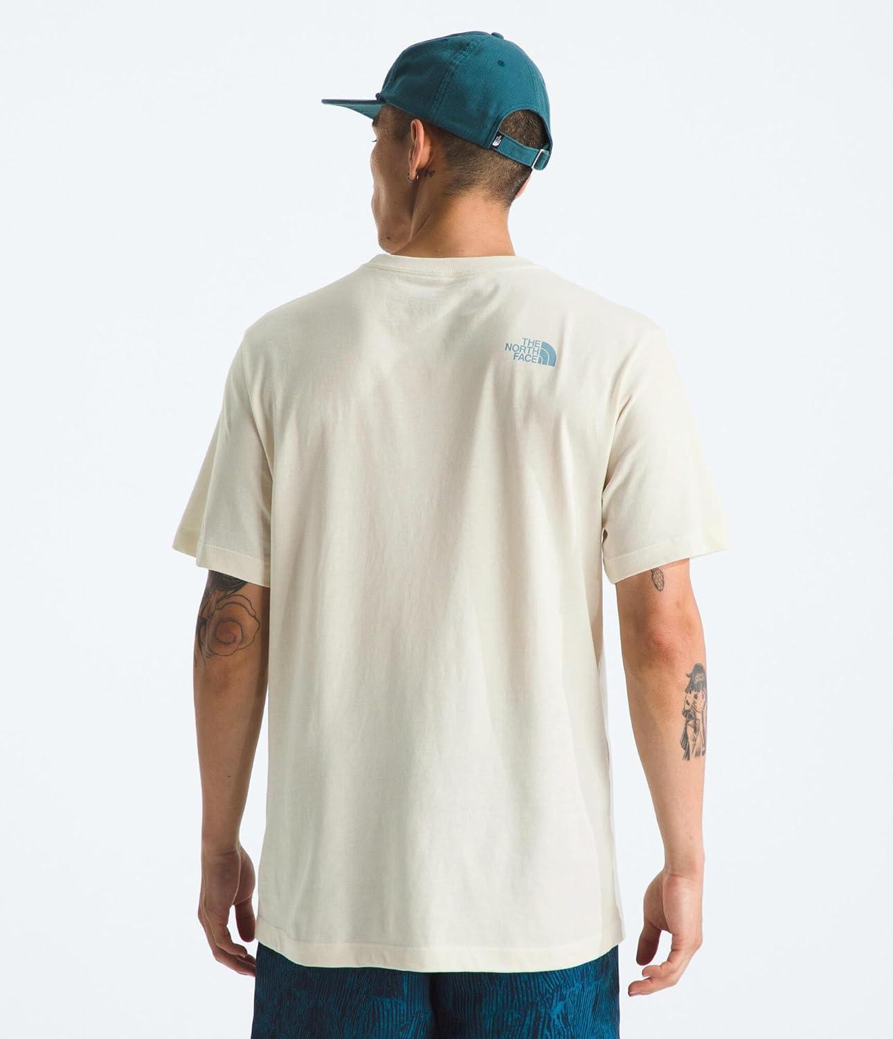 imageThe North Face Mens Evolution MTN Base ShortSleeve Tee Cotton Shirt with a Graphic Design Set in Sleeves Ribbed CollarWhite Dune