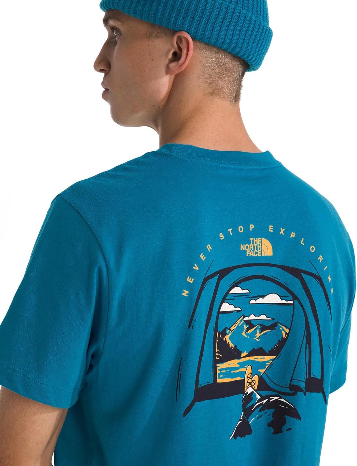 imageThe North Face Mens Evolution Tent ShortSleeve Tee Cotton Shirt with a Graphic Design Setin Sleeves Ribbed CollarDusk Blue