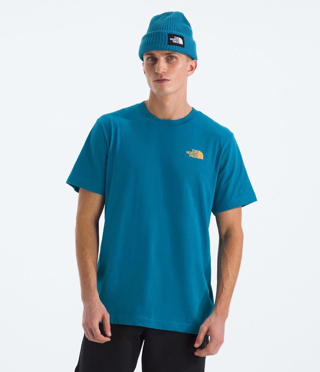 imageThe North Face Mens Evolution Tent ShortSleeve Tee Cotton Shirt with a Graphic Design Setin Sleeves Ribbed CollarDusk Blue