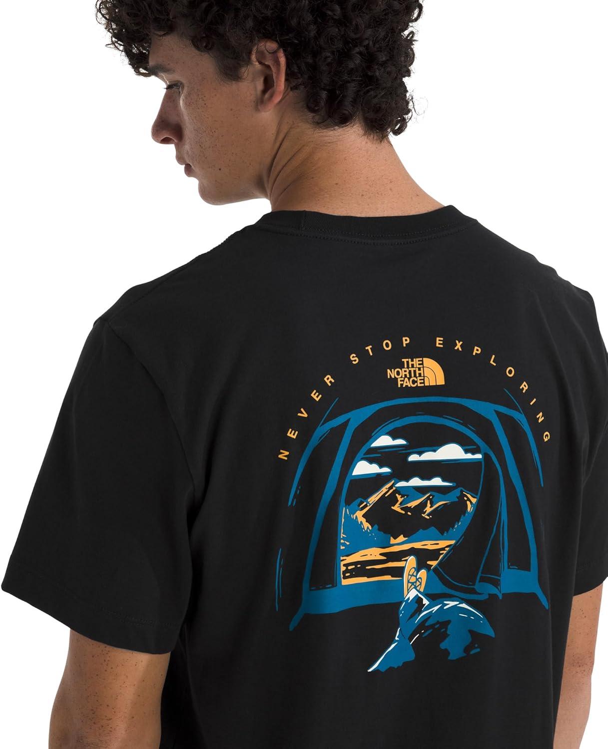imageThe North Face Mens Evolution Tent ShortSleeve Tee Cotton Shirt with a Graphic Design Setin Sleeves Ribbed CollarTnf Black