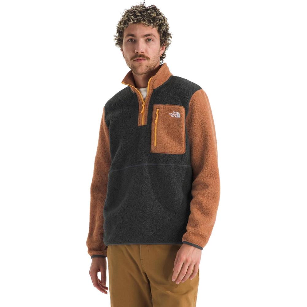 imageTHE NORTH FACE Mens Yumiori Quarter Zip Jacket Lightweight Fleece Coat With Embroidered Logo Secure Zip Chest PocketAsphalt GreyBurnt UmberSummit Gold