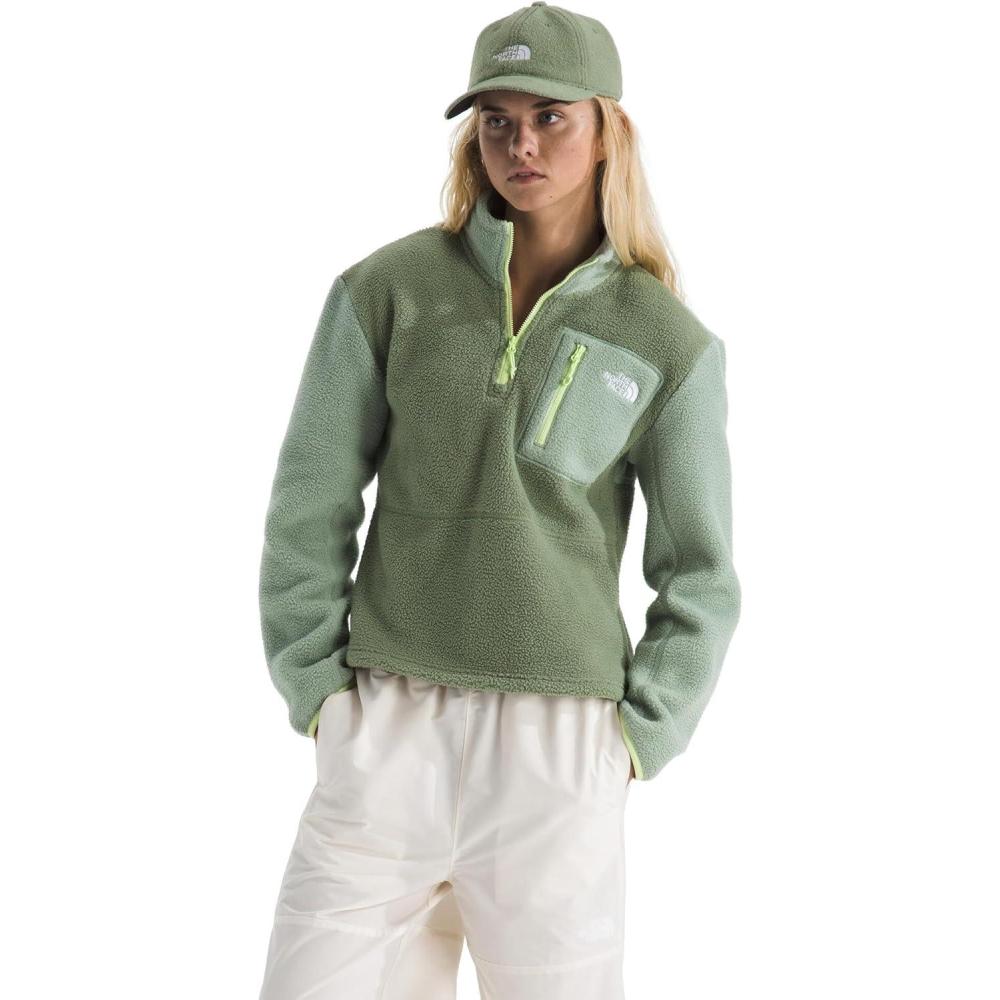 imageTHE NORTH FACE Womens Yumiori Quarter Zip Jacket Lightweight Fleece Pullover with Embroidered Logo Secure Zip PocketsBark MistSlate MossAstro Lime