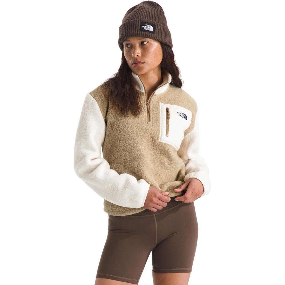 imageTHE NORTH FACE Womens Yumiori Quarter Zip Jacket Lightweight Fleece Pullover with Embroidered Logo Secure Zip PocketsKhaki StoneWhite DuneUtility Brown