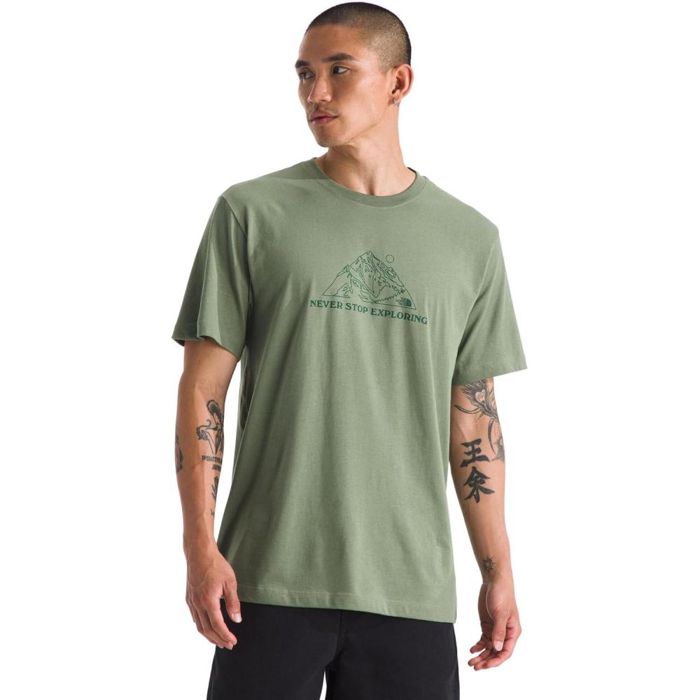 imageThe North Face Mens Evolution MTN Base ShortSleeve Tee Cotton Shirt with a Graphic Design Set in Sleeves Ribbed CollarBark Mist