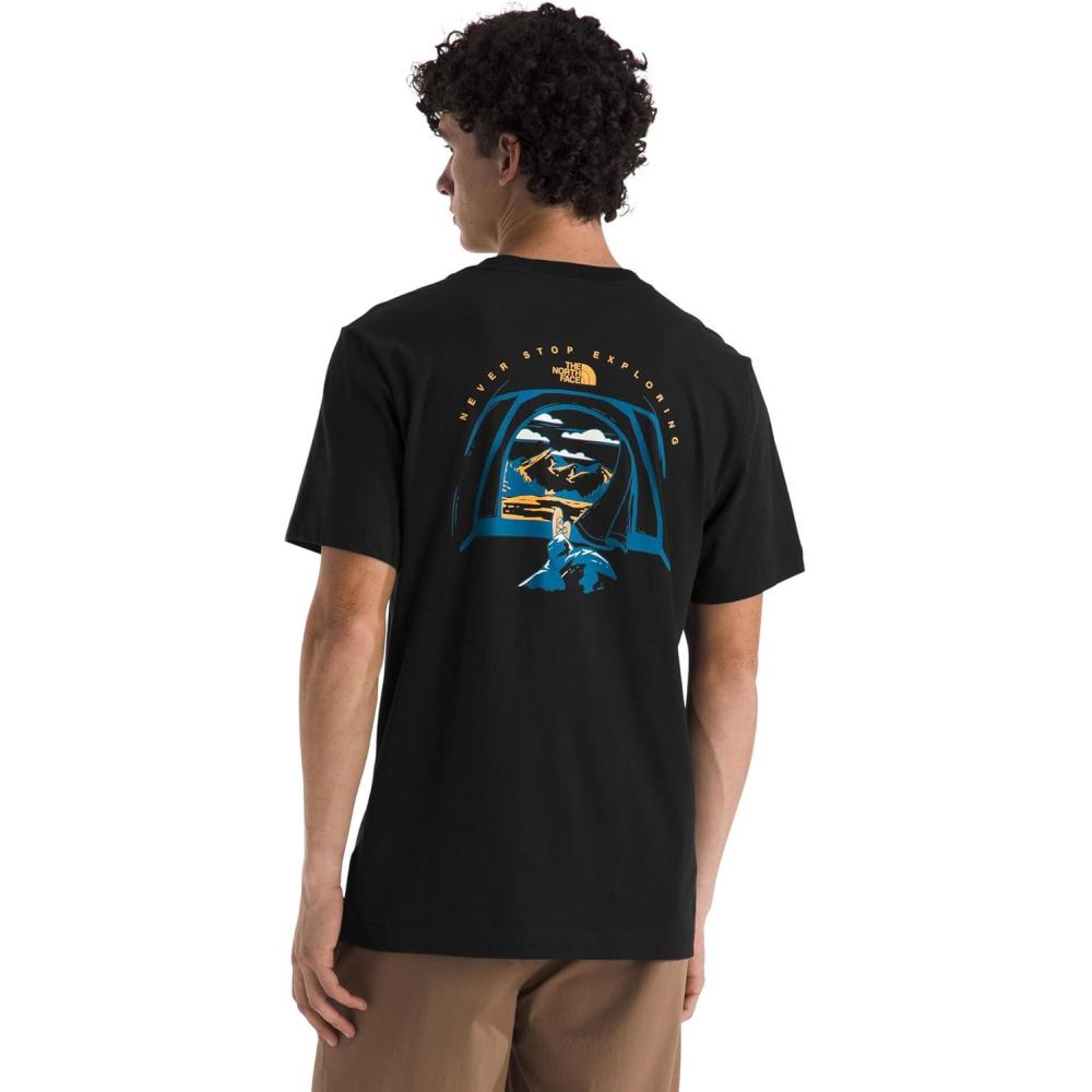 imageThe North Face Mens Evolution Tent ShortSleeve Tee Cotton Shirt with a Graphic Design Setin Sleeves Ribbed CollarTnf Black