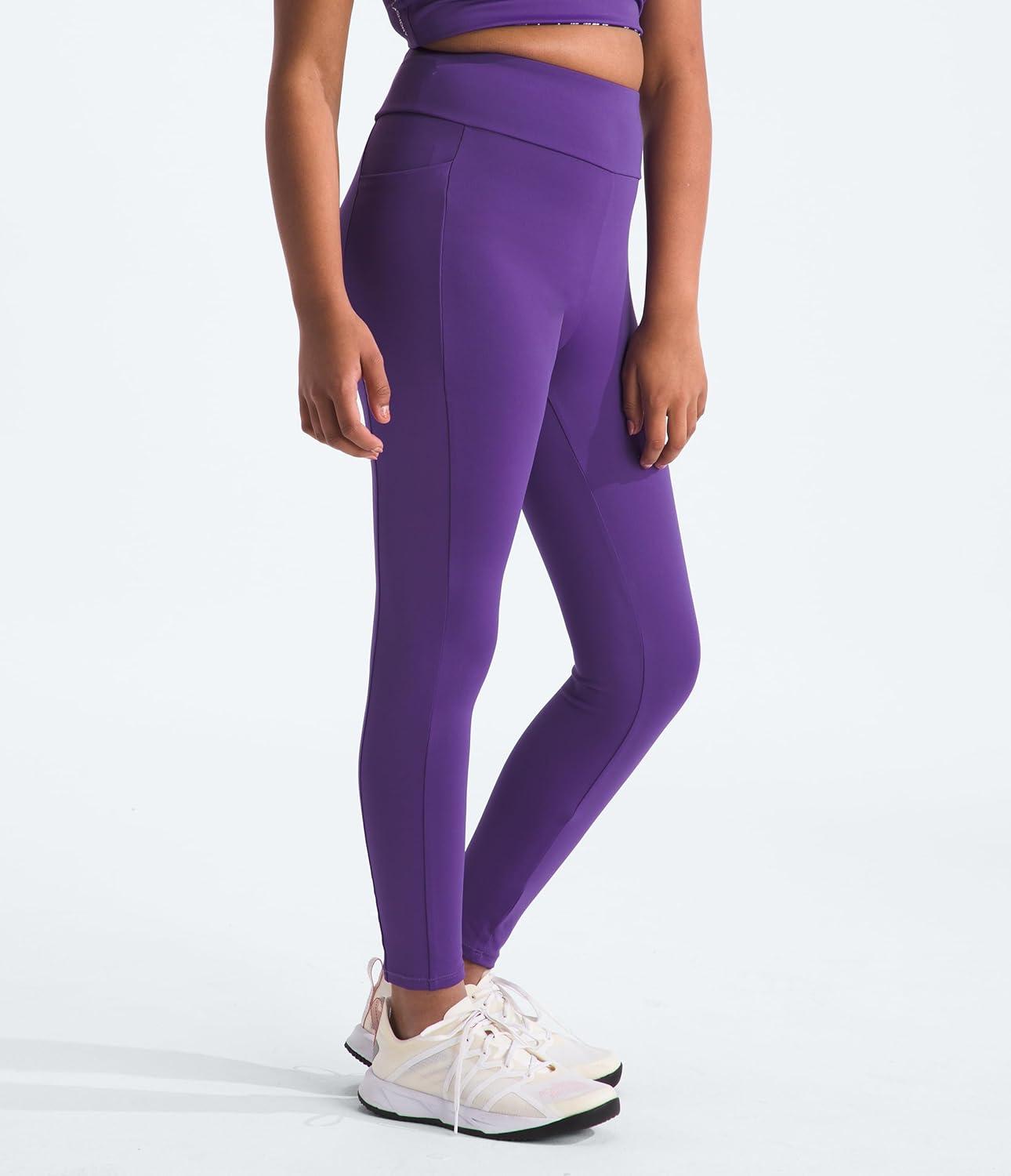 imageTHE NORTH FACE Girls Never Stop Tights Athletic Leggings for Kids Moisture Wicking Fabric Media Pocket Wide WaistbandPeak Purple