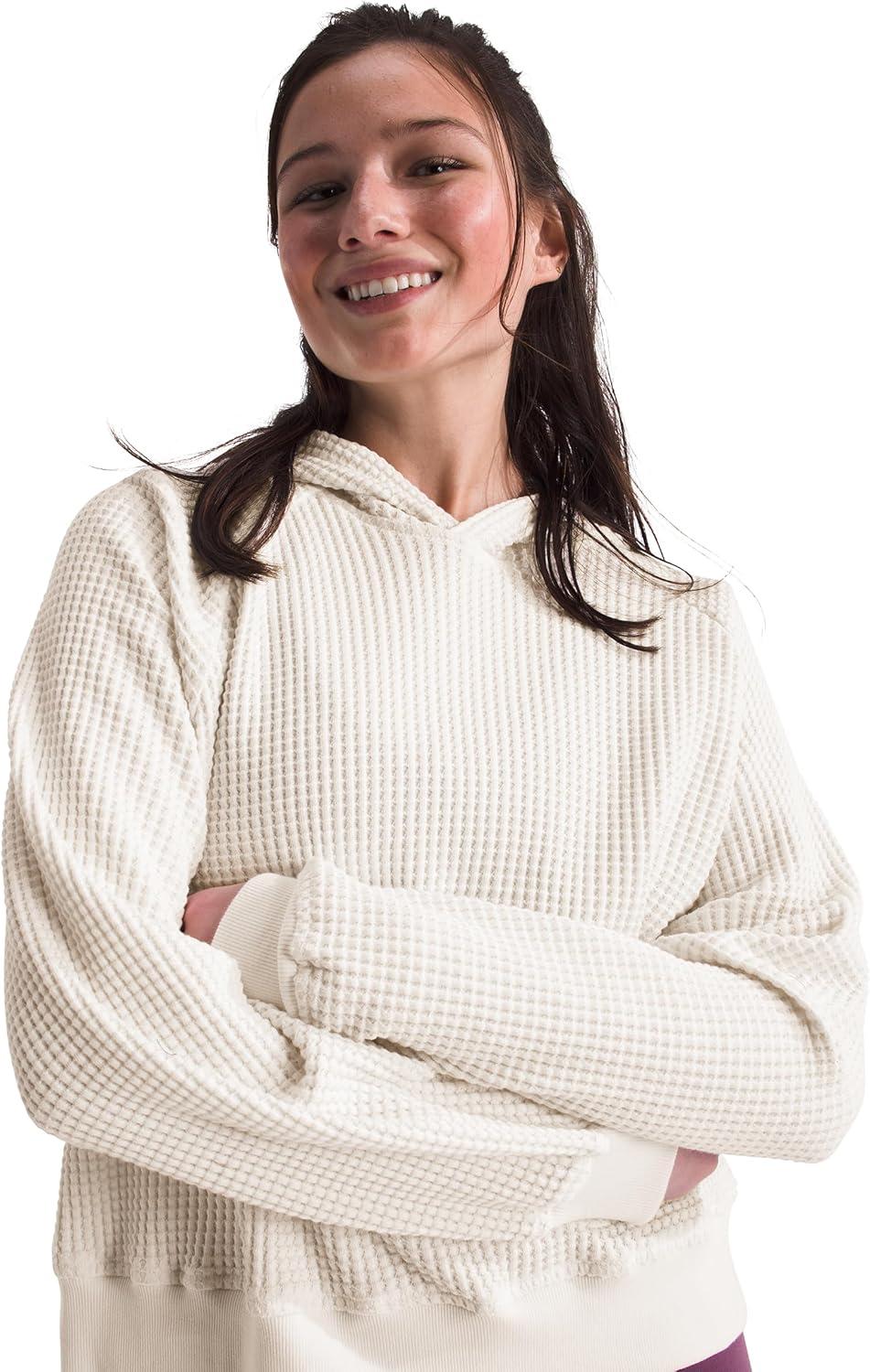 imageTHE NORTH FACE womens Chabot Hoodie 2 Piece Hood With Front Overlap Rib Knit Cuffs ampamp Hem Raglan Sleeves ampamp Logo Flag LabelWhite Dune