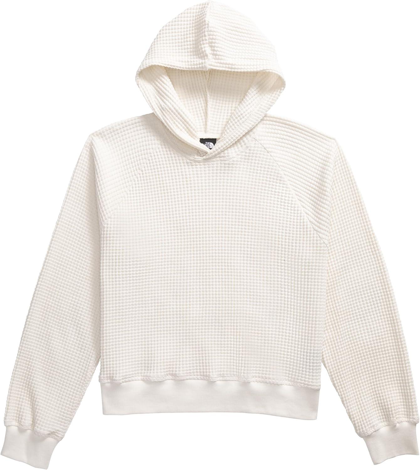 imageTHE NORTH FACE womens Chabot Hoodie 2 Piece Hood With Front Overlap Rib Knit Cuffs ampamp Hem Raglan Sleeves ampamp Logo Flag LabelWhite Dune