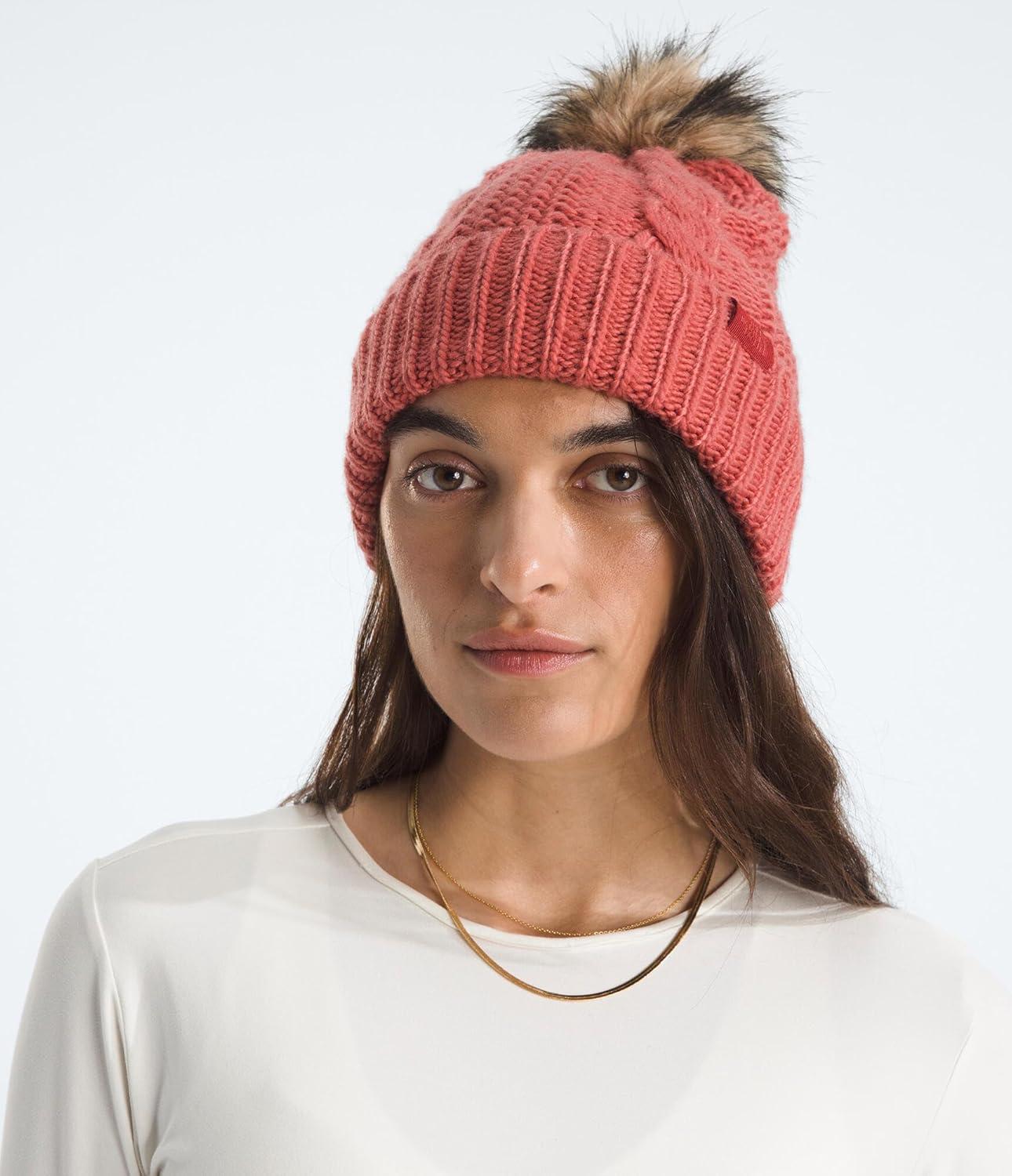 imageTHE NORTH FACE Womens Oh Mega Fur Pom Beanie Deep Fit Cuffed Winter Hat With Oversized Fauxfur Pom ampamp Cable DetailingMars Dust