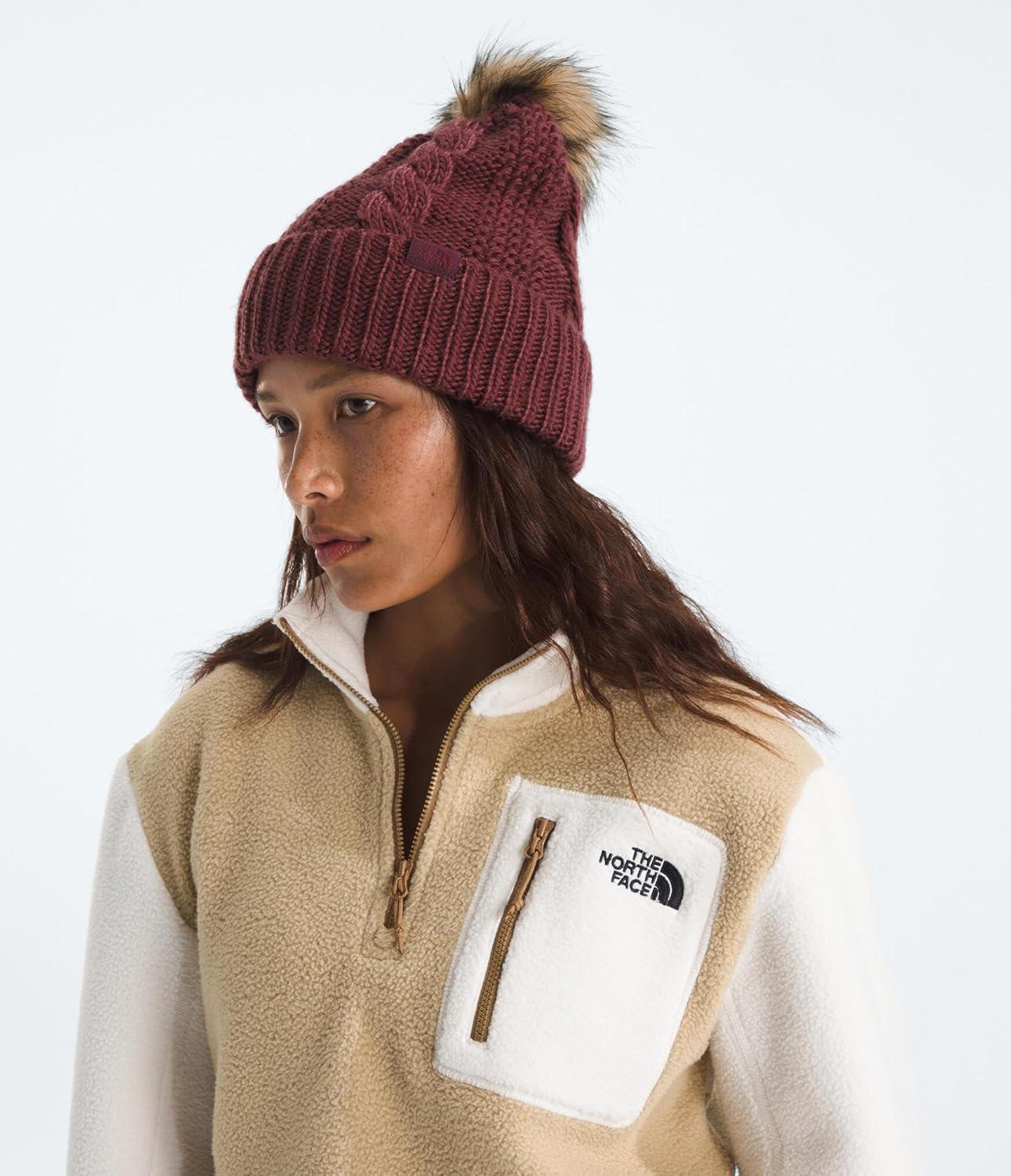 imageTHE NORTH FACE Womens Oh Mega Fur Pom Beanie Deep Fit Cuffed Winter Hat With Oversized Fauxfur Pom ampamp Cable DetailingSumac