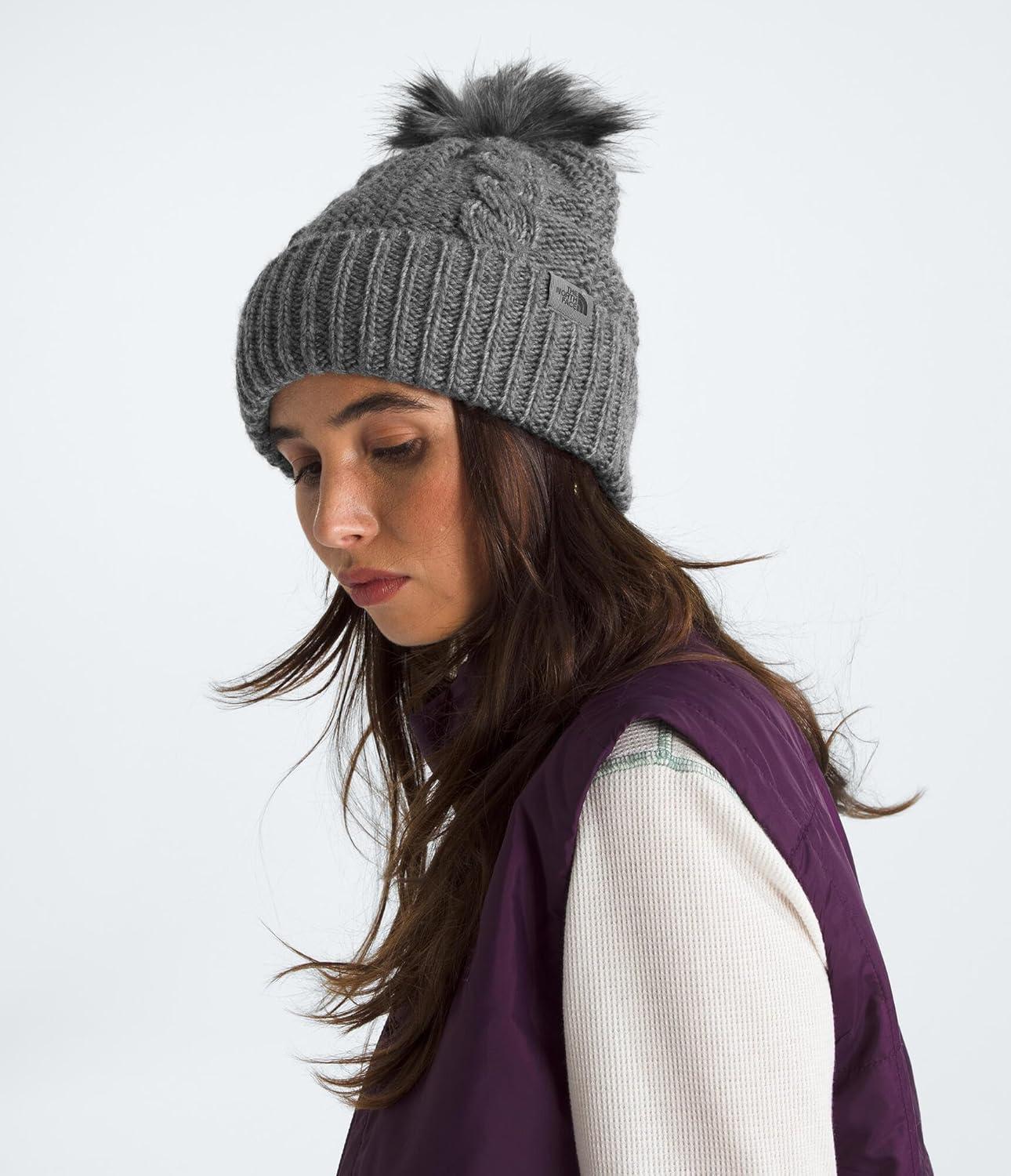 imageTHE NORTH FACE Womens Oh Mega Fur Pom Beanie Deep Fit Cuffed Winter Hat With Oversized Fauxfur Pom ampamp Cable DetailingTnf Medium Grey Heather