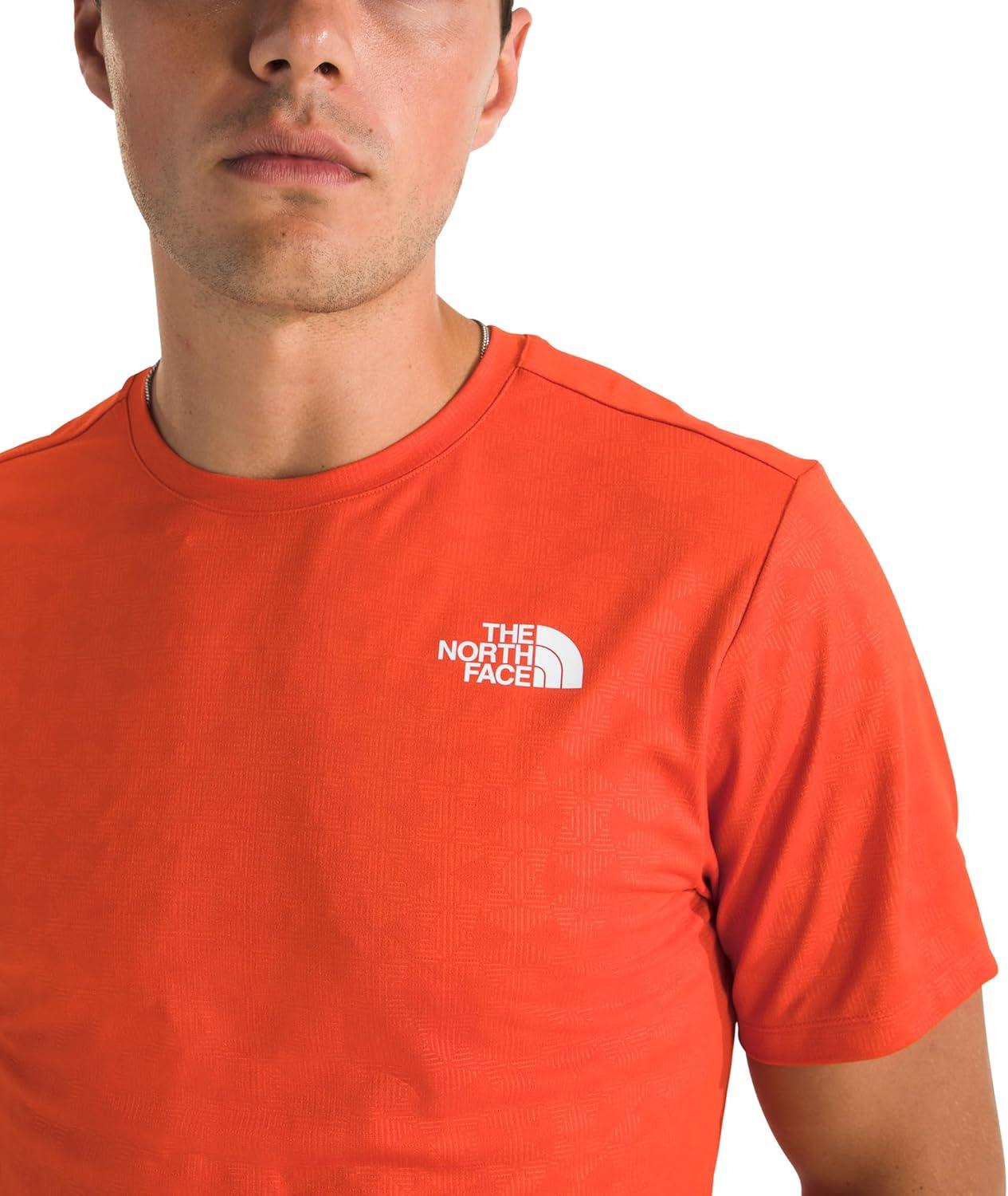 imageThe North Face Mens 247 Pentadome Embossed Short Sleeve Tee Regular Fit TShirt with MoistureWicking Flashdry TechLava Red