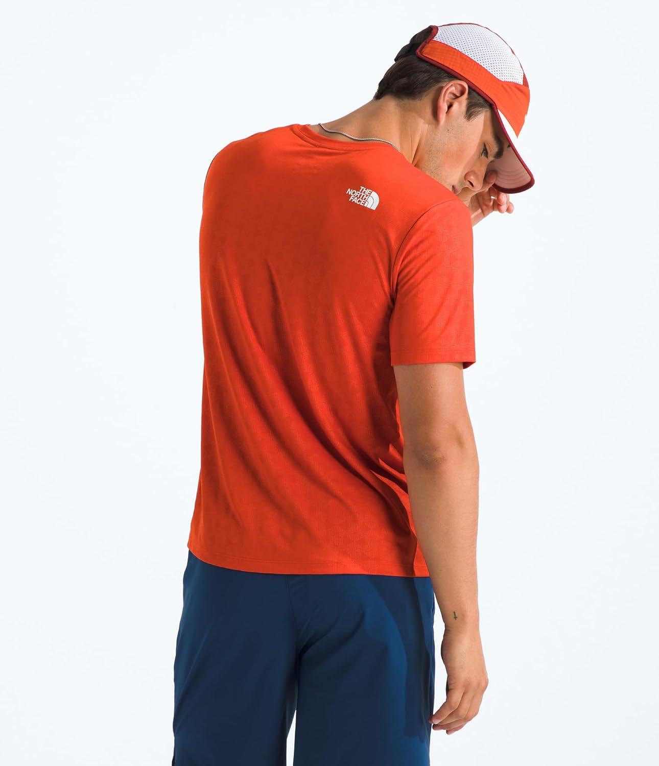 imageThe North Face Mens 247 Pentadome Embossed Short Sleeve Tee Regular Fit TShirt with MoistureWicking Flashdry TechLava Red