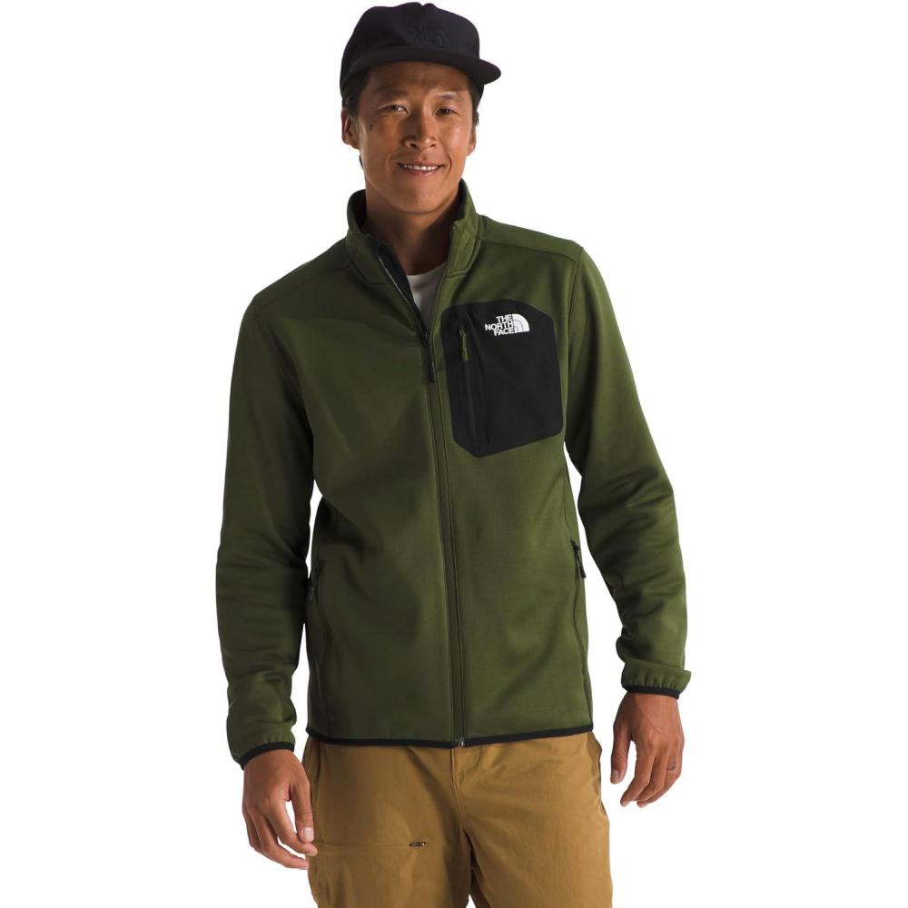imageTHE NORTH FACE Mens Crest Full Zip Jacket Water Repellent Fleece Coat Double Layer Stand Collar amp Zip Hand PocketsWoodland GreenTnf Black