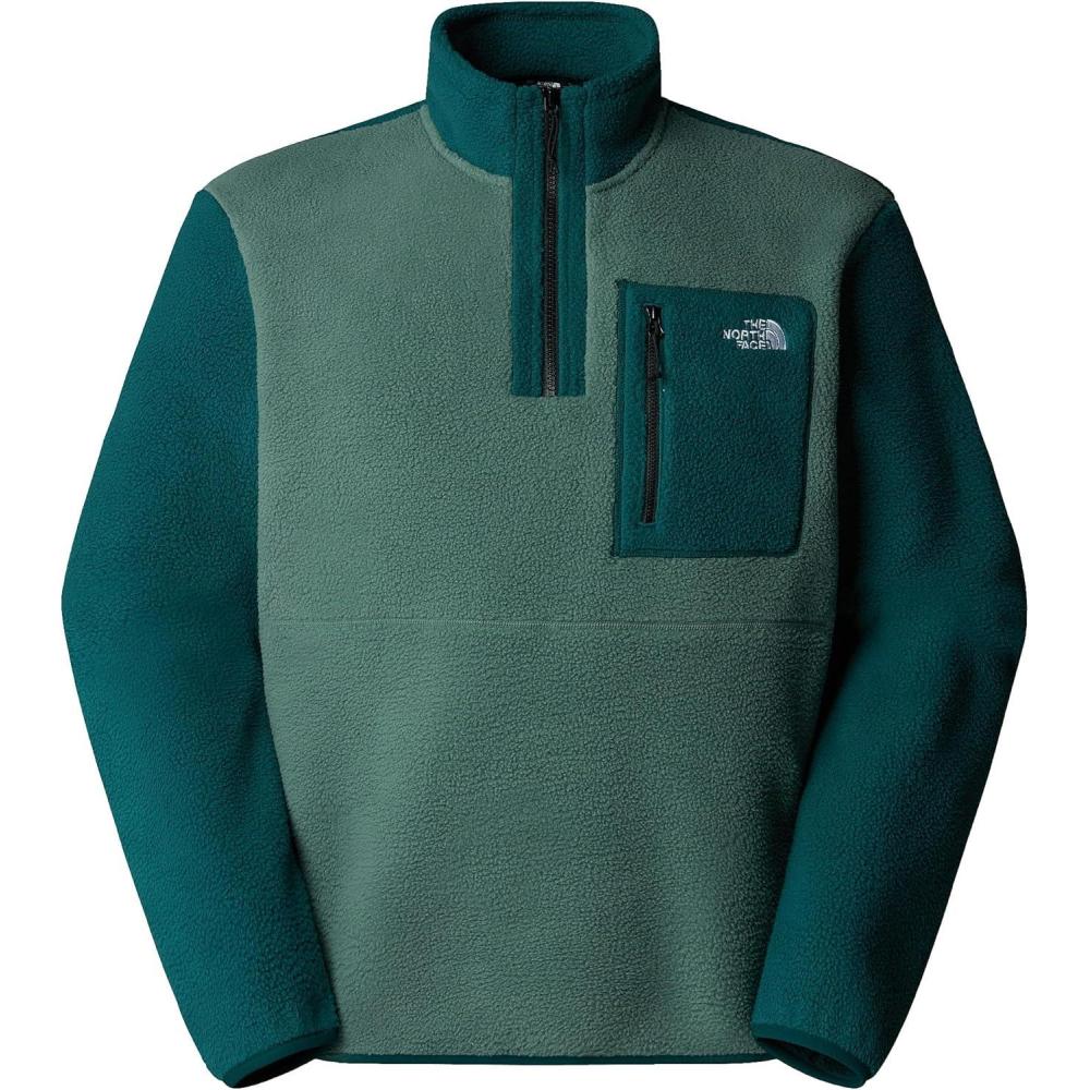 imageTHE NORTH FACE Mens Yumiori Quarter Zip Jacket Lightweight Fleece Coat With Embroidered Logo Secure Zip Chest PocketDuck GreenDeep NoriTnf Black
