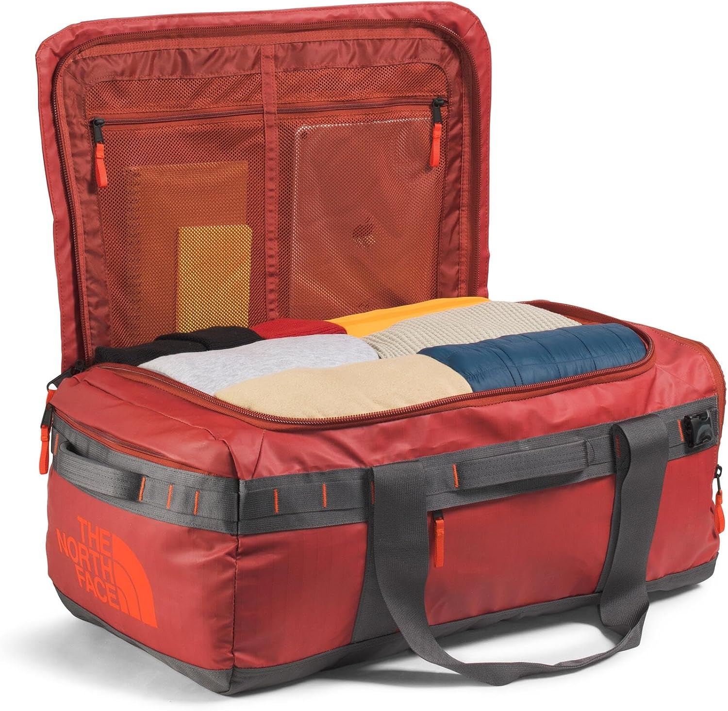 image:imageTHE North FACE Mens Base Camp Voyager 62L DuffelIron ClayAnthracite GreyLava Red