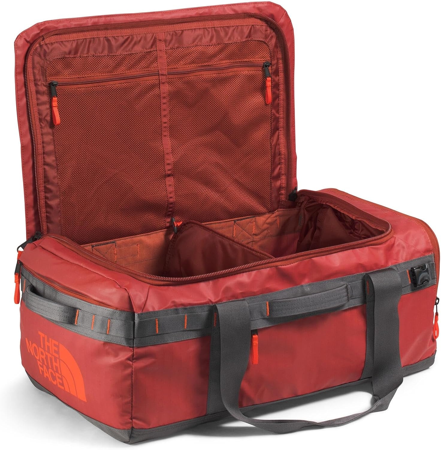 image:imageTHE North FACE Mens Base Camp Voyager 62L DuffelIron ClayAnthracite GreyLava Red